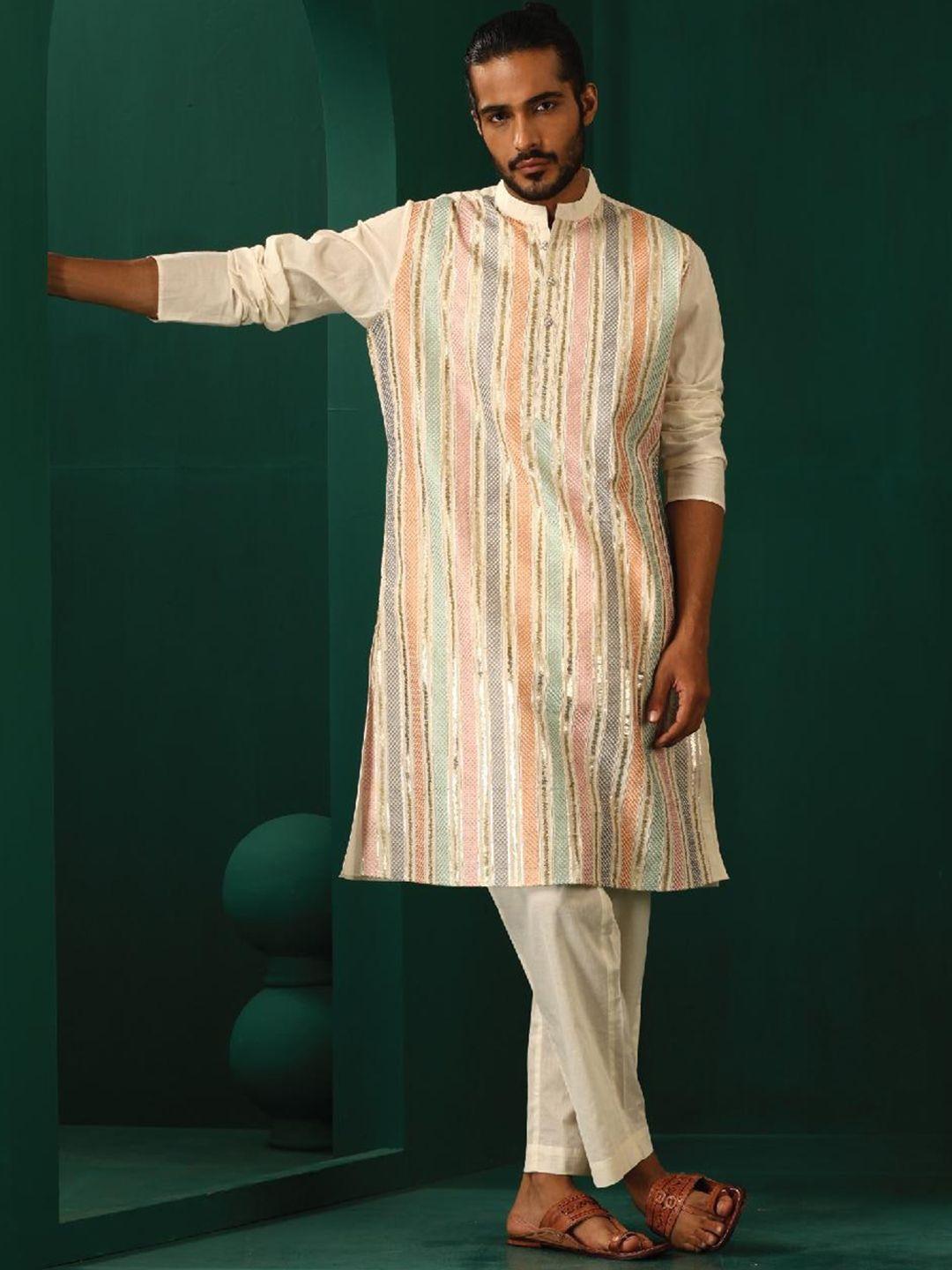 truebrowns striped mandarin collar straight kurta