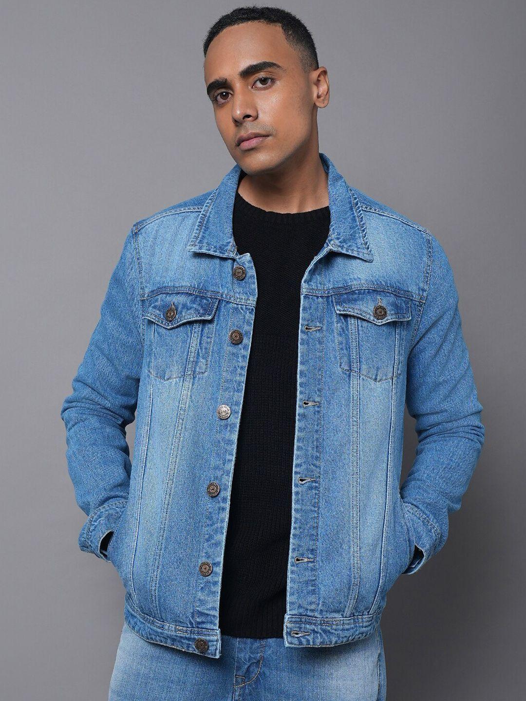 high star washed spread collar long sleeves denim jacket