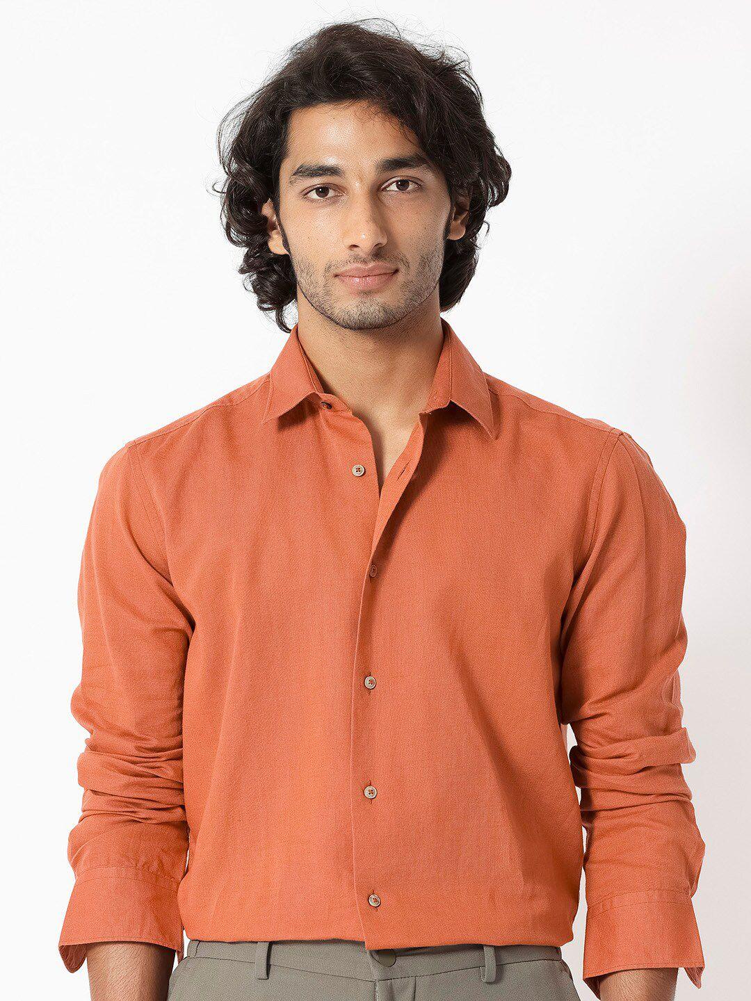 rare rabbit men orange slim fit opaque casual shirt