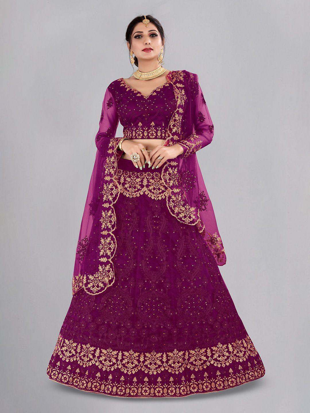 kalini purple & gold-toned embroidered thread work ready to wear lehenga & unstitched blouse with dupatta