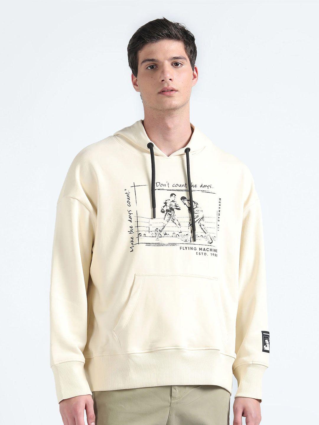 flying machine graphic printed hooded pure cotton oversized pullover sweatshirt