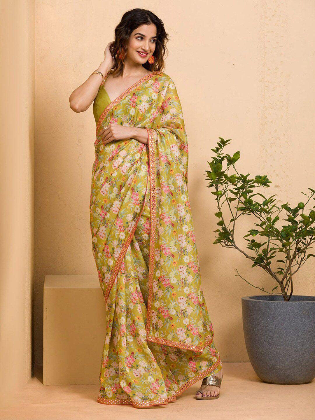 sangria floral printed mirror work saree