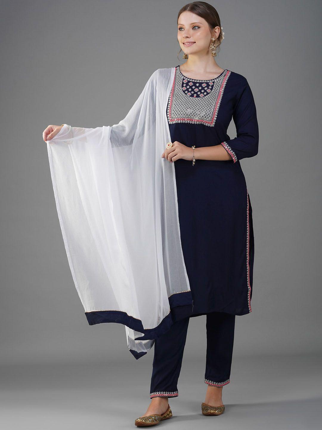 metro-fashion geometric embroidered sequinned kurta with trousers & dupatta