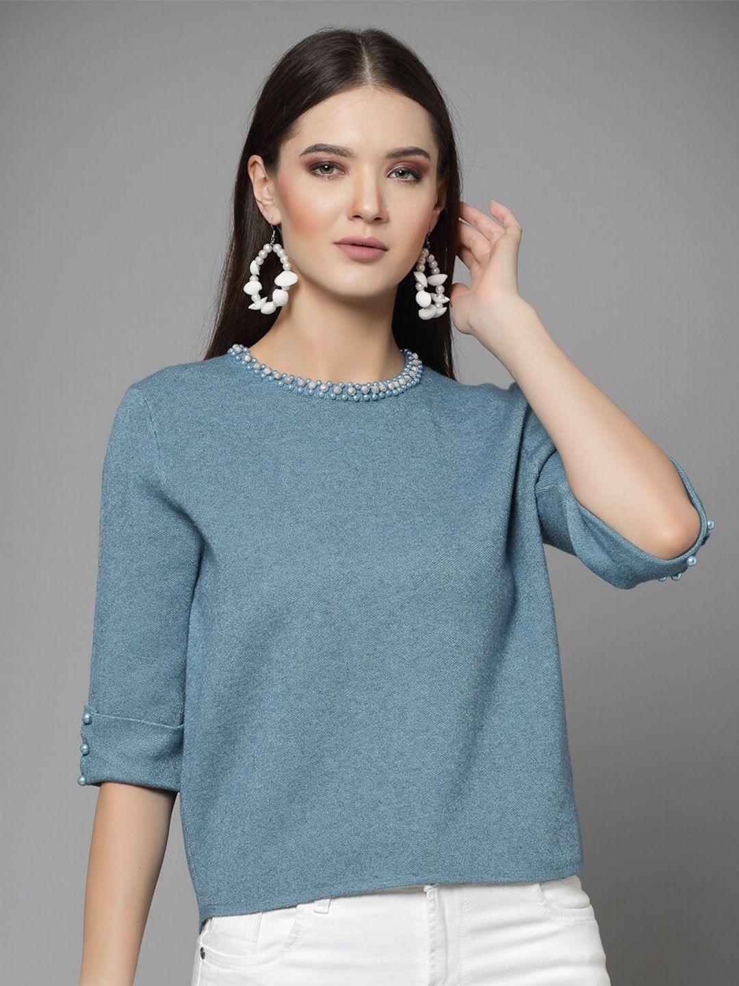 mafadeny pearls embellished yoke pullover top