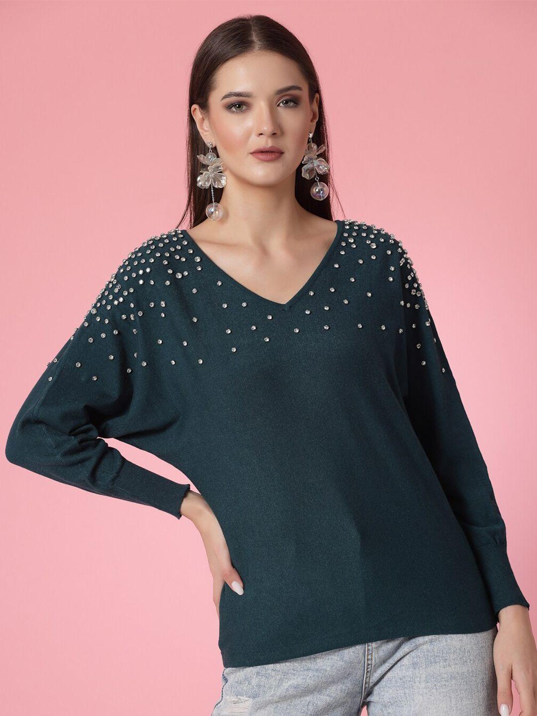 mafadeny women green & silver-toned embroidered pullover with embellished detail