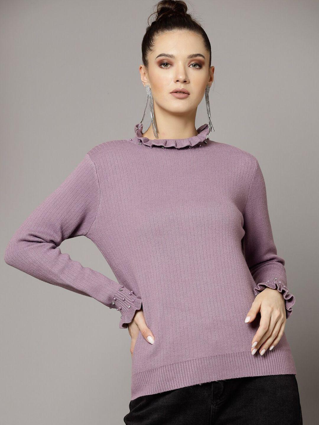 mafadeny ribbed beads detail mock collar pullover sweater