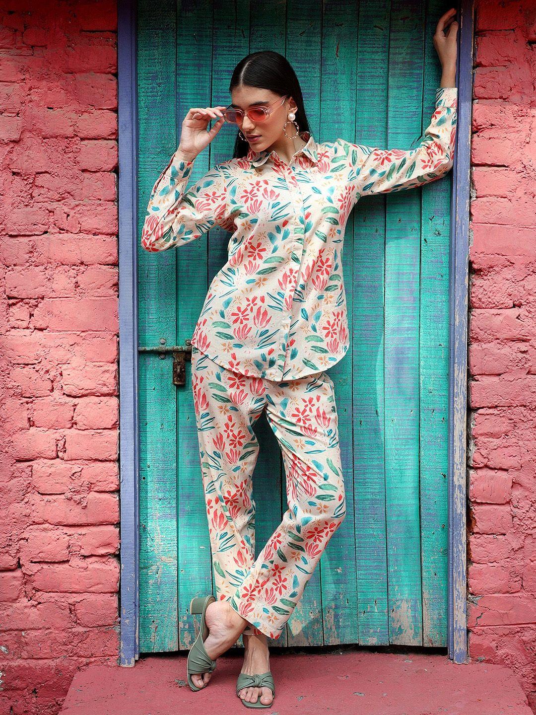 jaipur kurti floral printed shirt collar long sleeves shirt & trousers