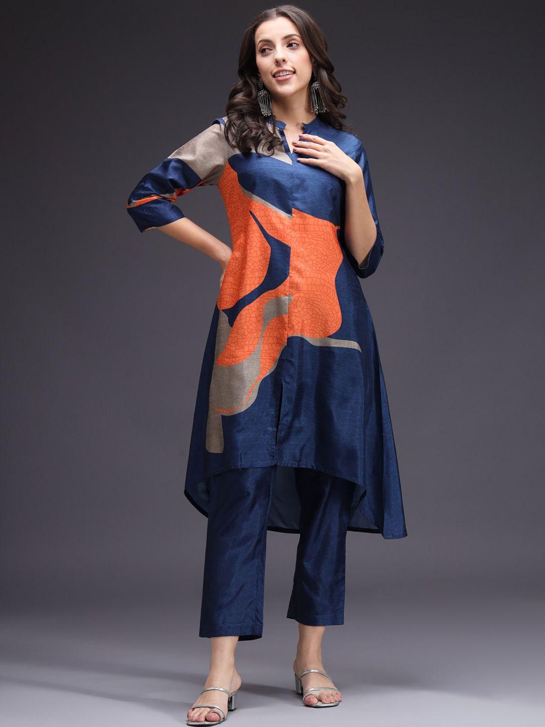 heeposh abstract printed mandarin collar a-line kurta with trouser