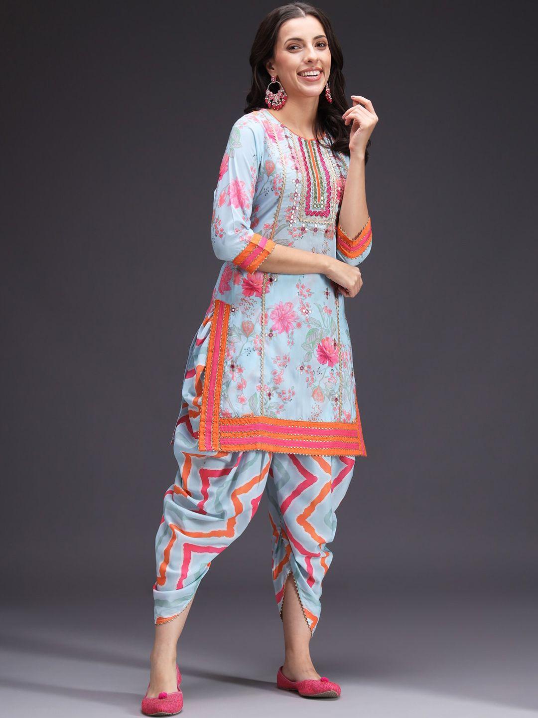 heeposh women blue floral printed regular gotta patti kurta with dhoti pants & with dupatta