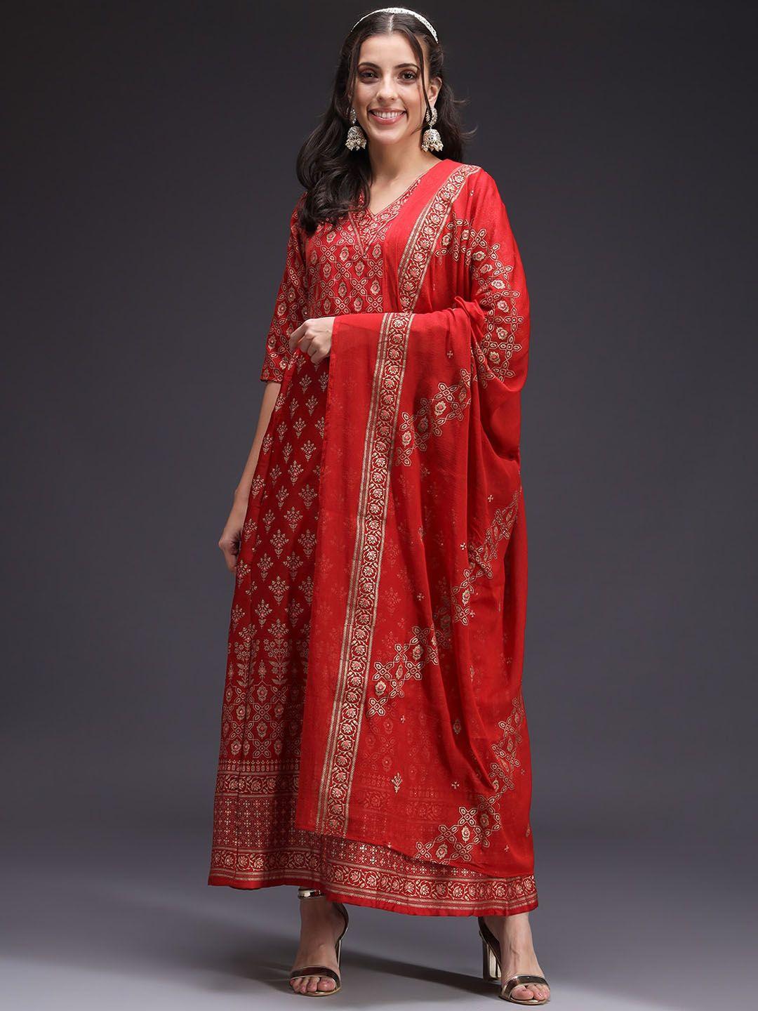 heeposh ethnic motifs printed v-neck a-line ethnic dress with dupatta