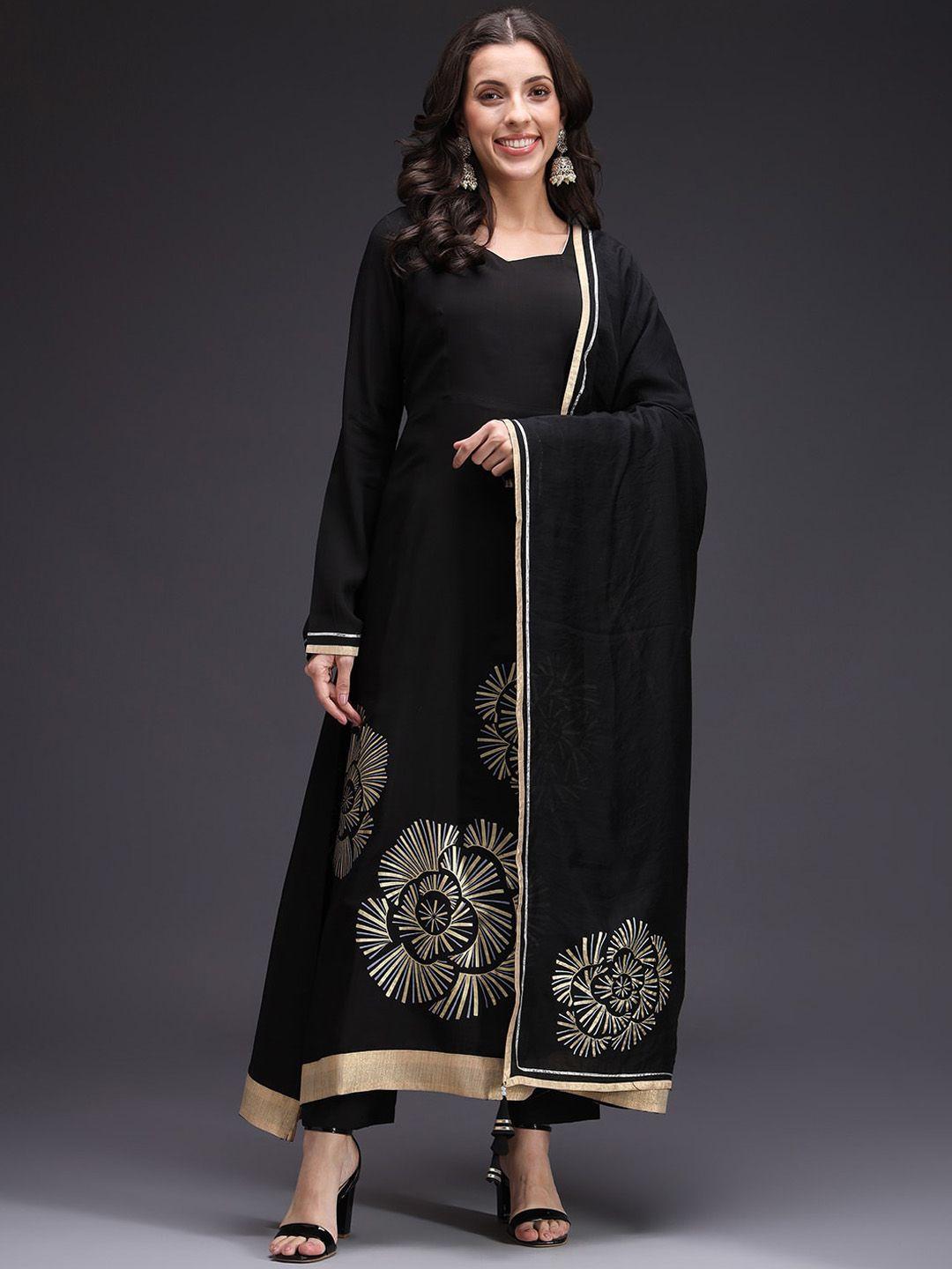 heeposh women black floral printed regular kurta with trousers & with dupatta