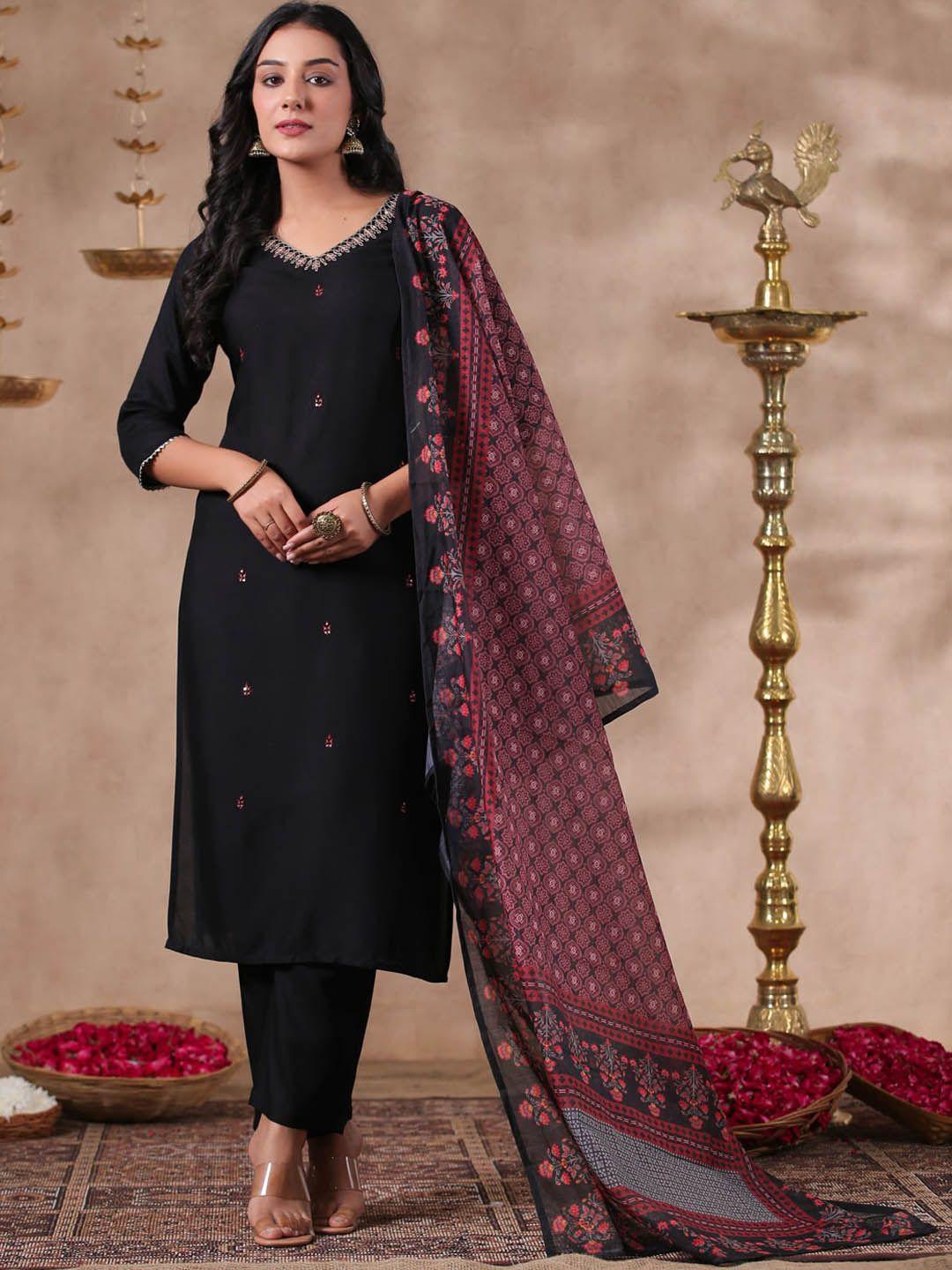 anubhutee ethnic motifs embroidered regular mirror work kurta with trousers & dupatta