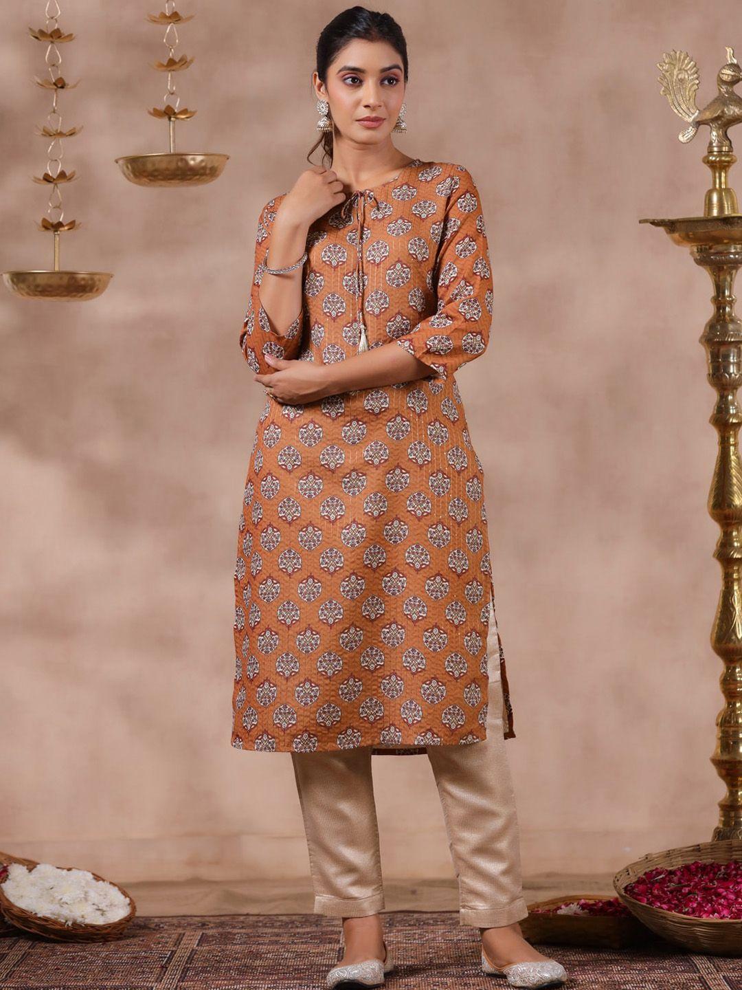 anubhutee women mustard yellow printed keyhole neck kurta