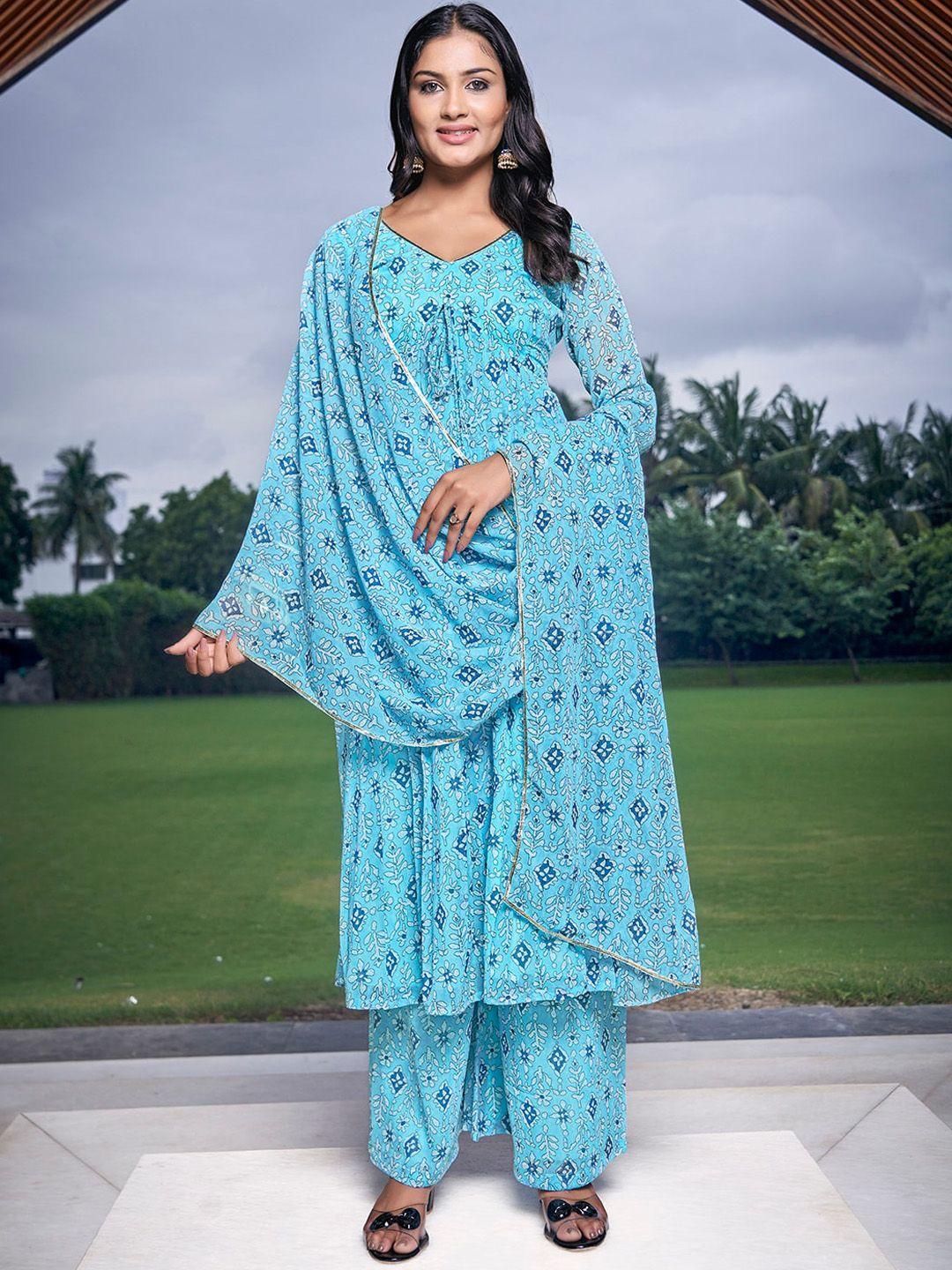 chansi floral printed v-neck regular kurta with palazzos & dupatta