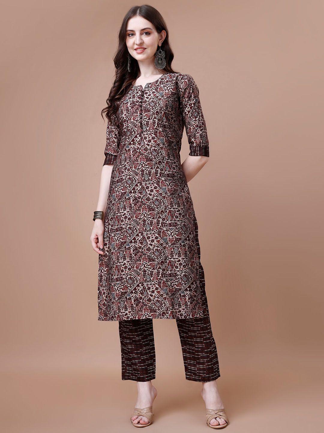 kalini women brown floral printed regular chanderi silk kurta with trousers