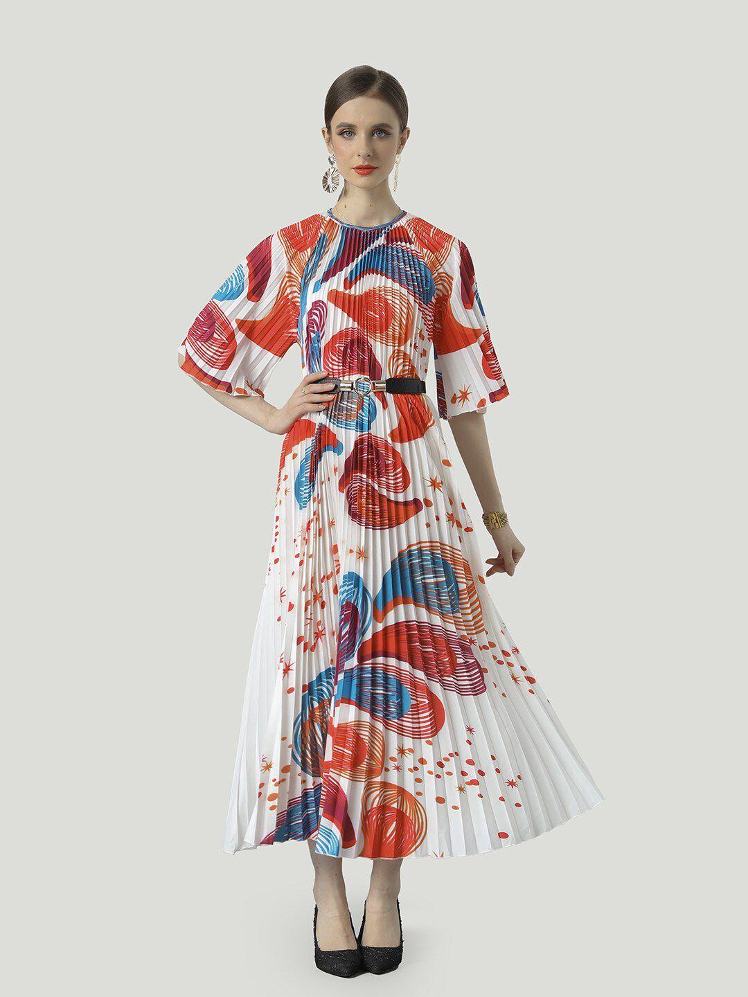 jc collection abstract printed accordion pleats flared sleeve a-line midi dress