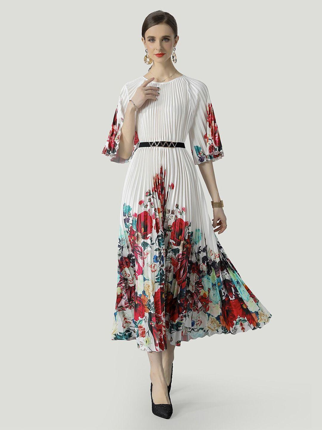 jc collection floral printed flared sleeve accordion pleats fit & flare midi dress