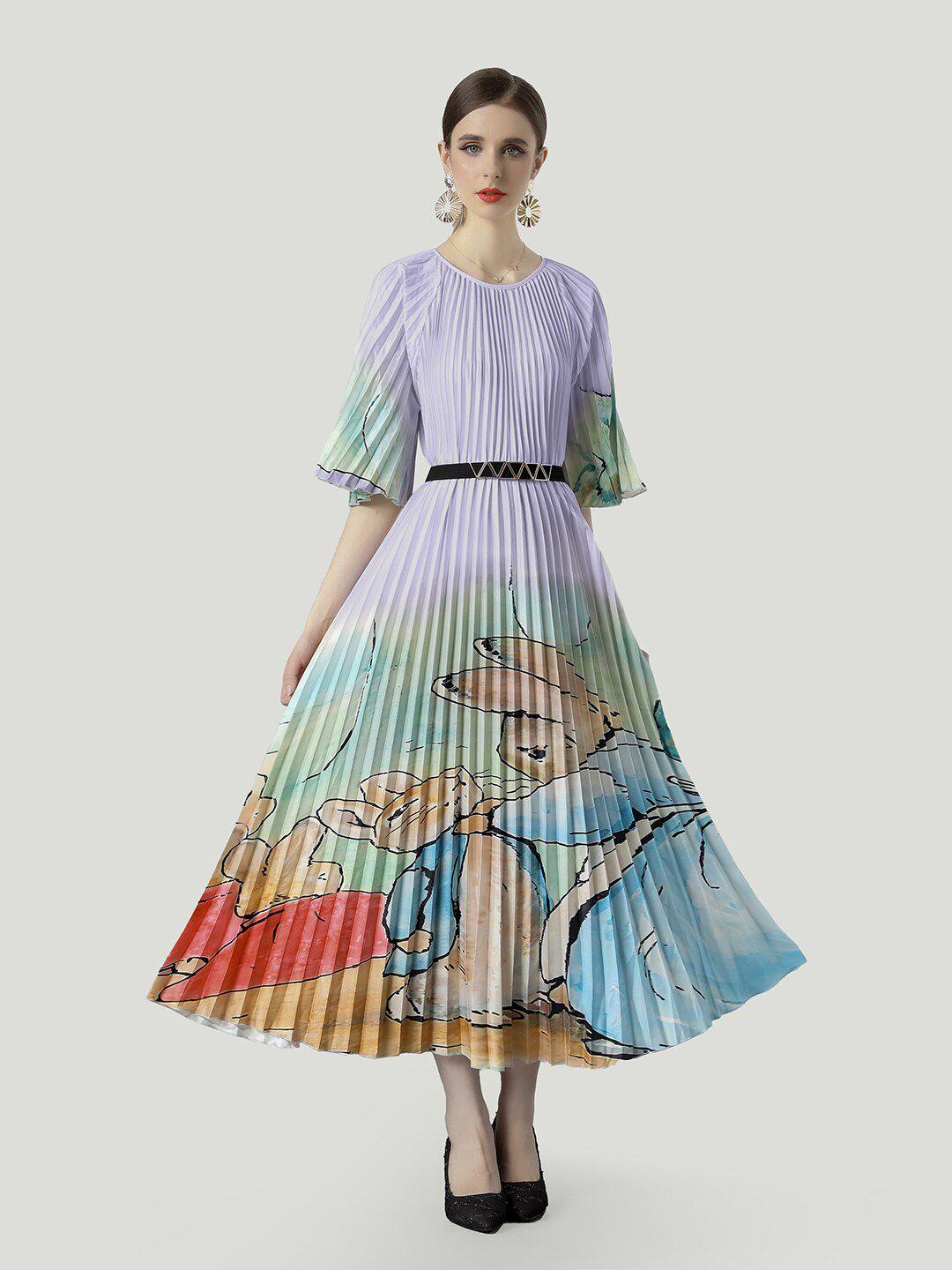 jc collection graphic printed flared sleeves belted accordion pleated fit & flare dress