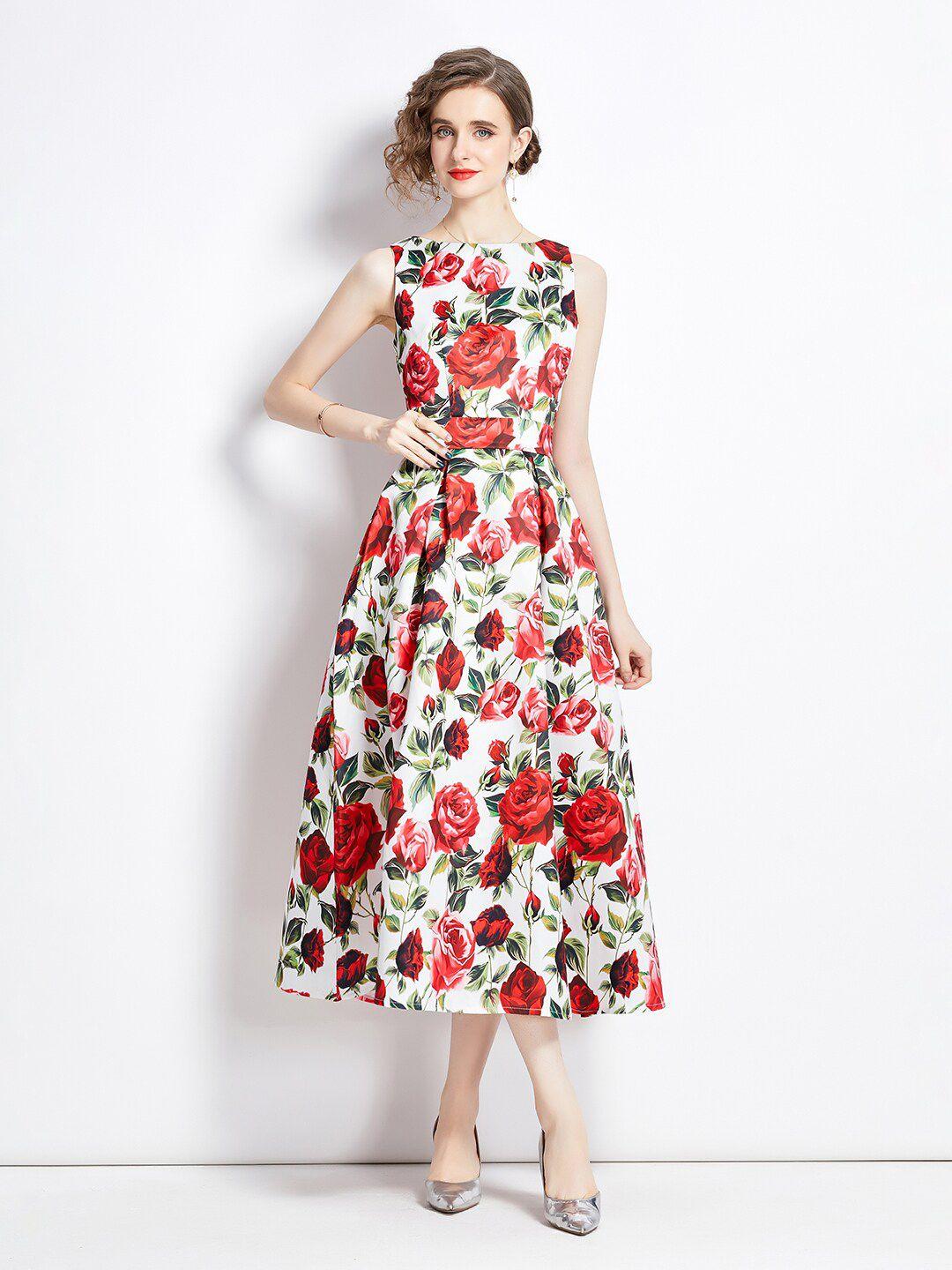 jc collection floral printed boat neck fit & flare midi dress