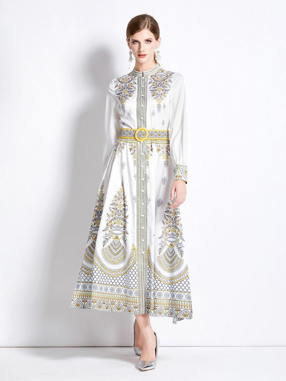 jc collection ethnic motifs printed mandarin collar cuffed sleeves maxi dress