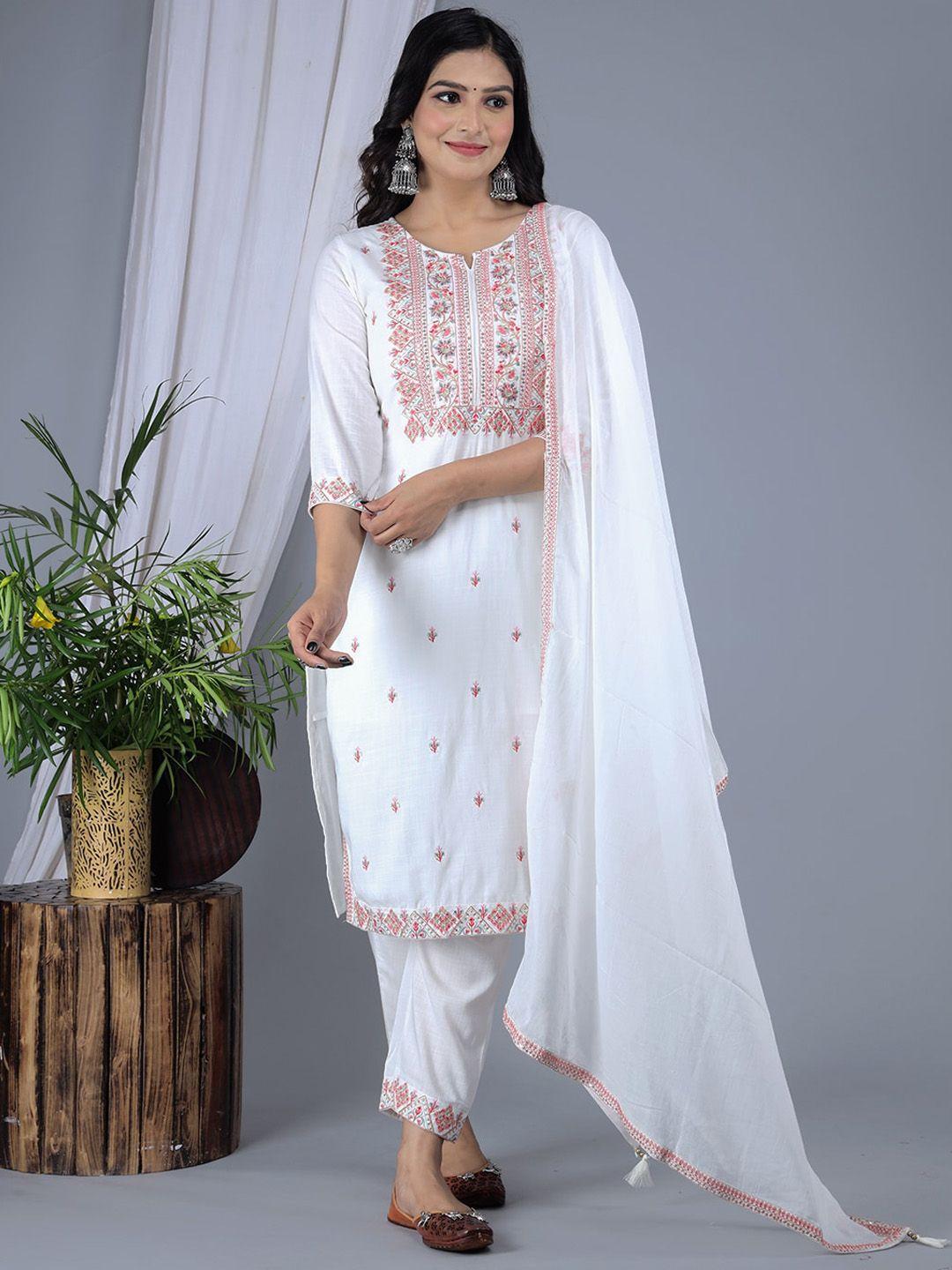 ikdaiya floral embroidered regular straight kurta & trousers with dupatta