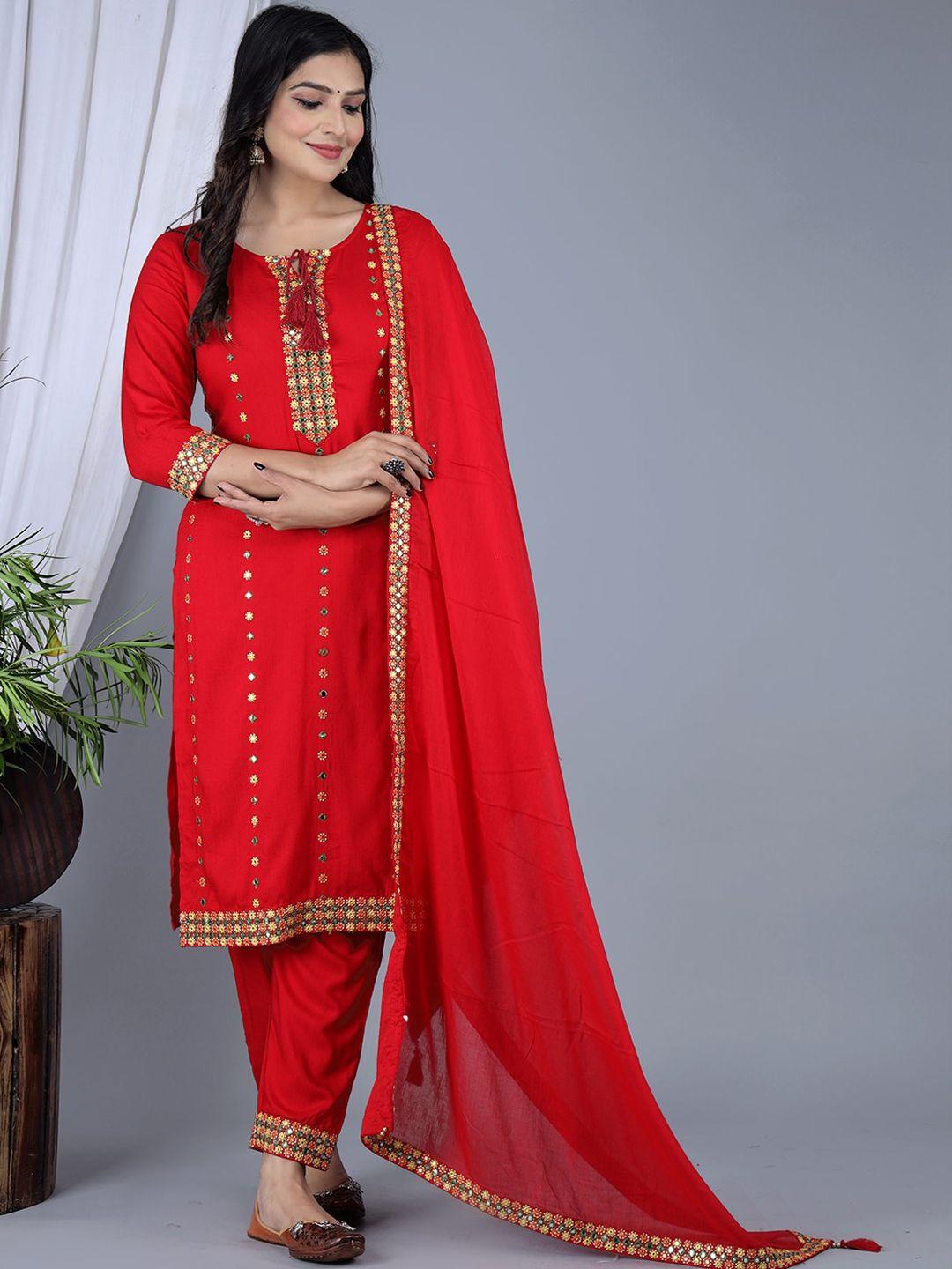 ikdaiya ethnic motifs embroidered regular mirror work kurta with trousers & dupatta