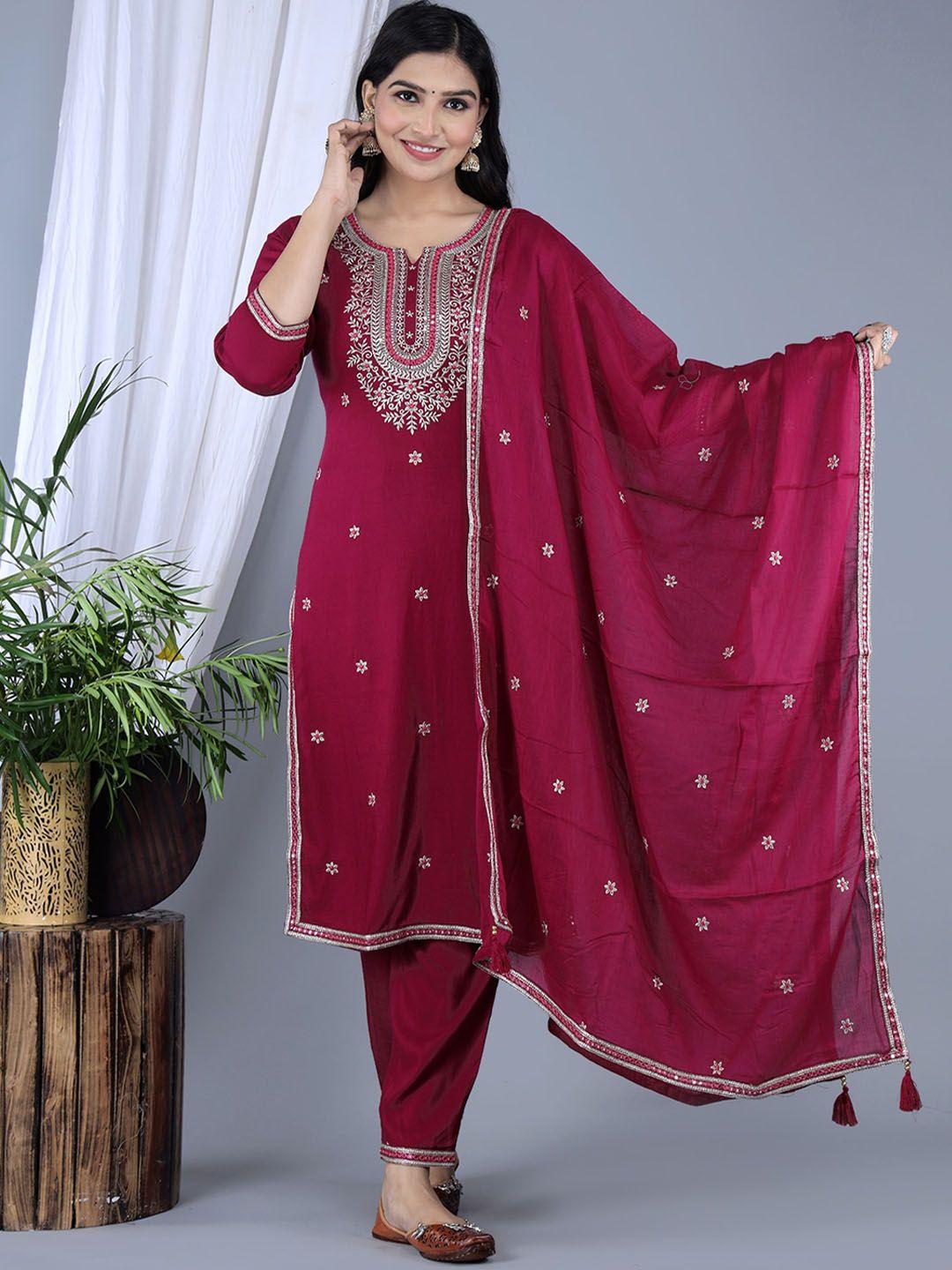 ikdaiya floral embroidered regular straight kurta & trousers with dupatta