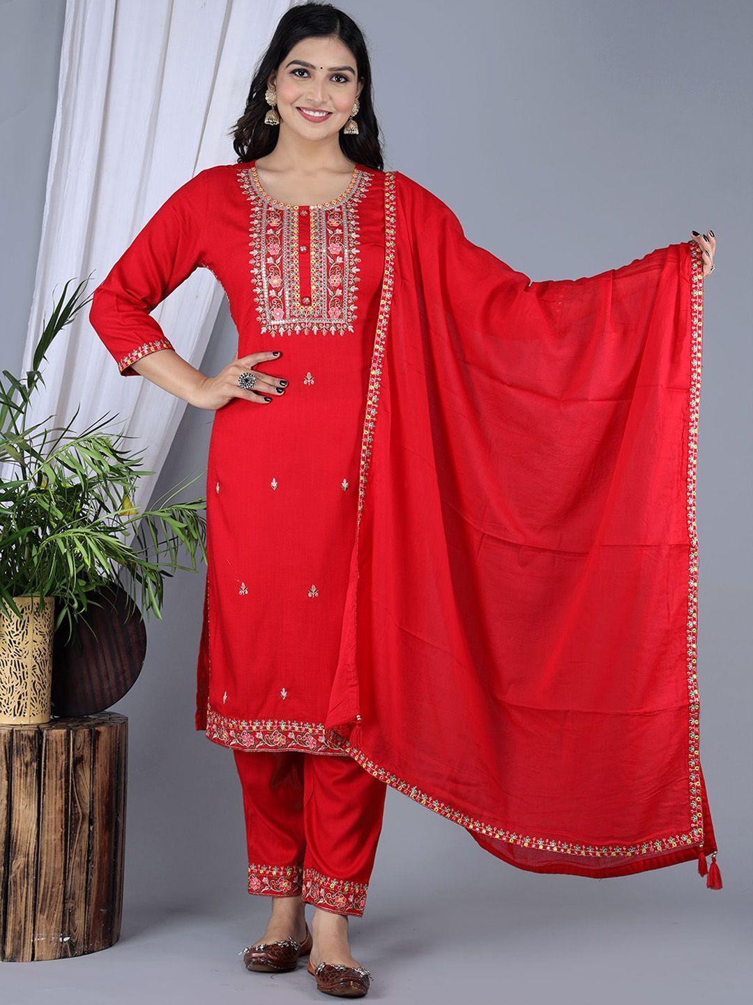 ikdaiya floral embroidered regular kurta with trousers & dupatta