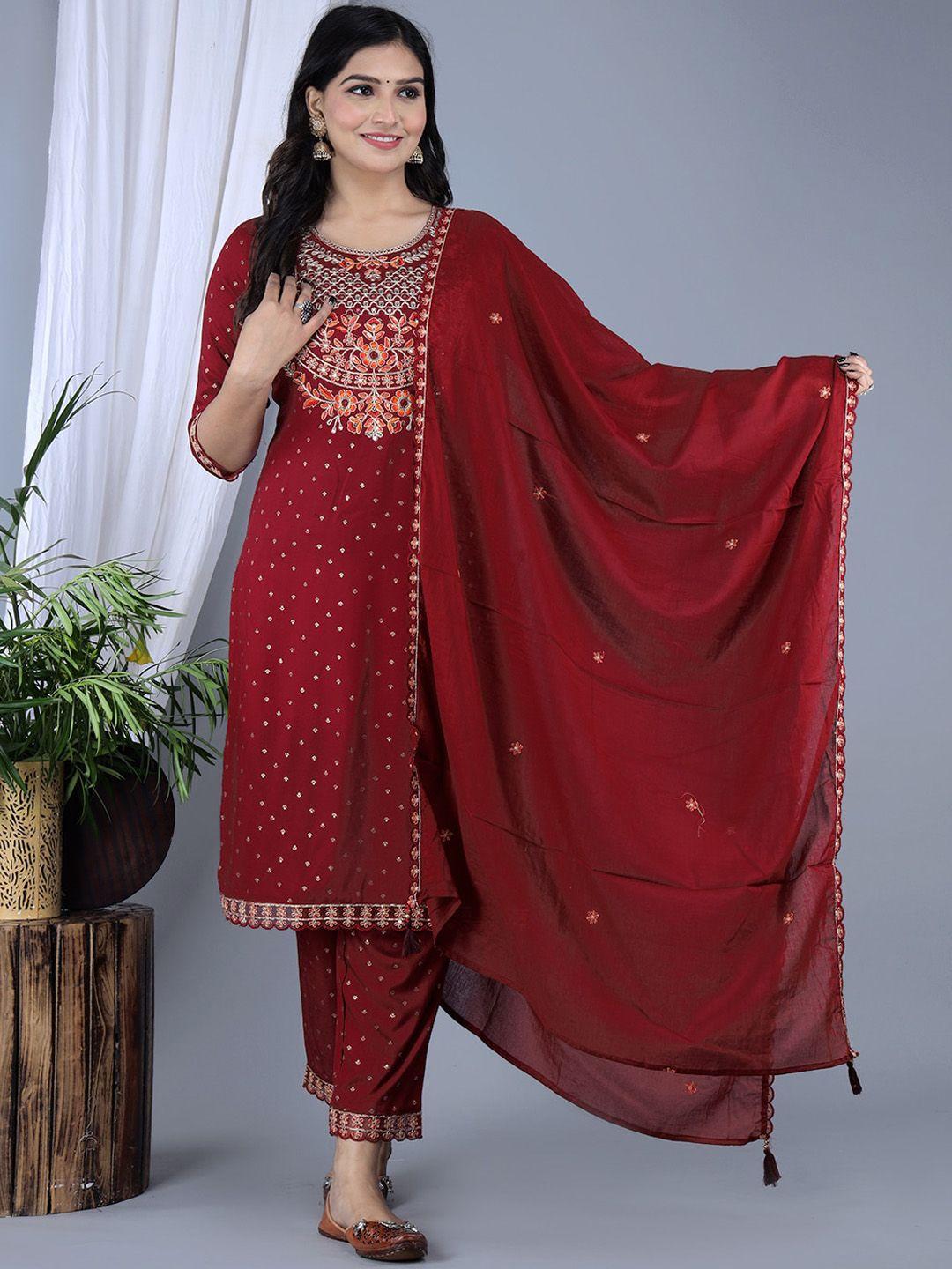 ikdaiya ethnic motifs embroidered mirror work kurta with trousers & dupatta