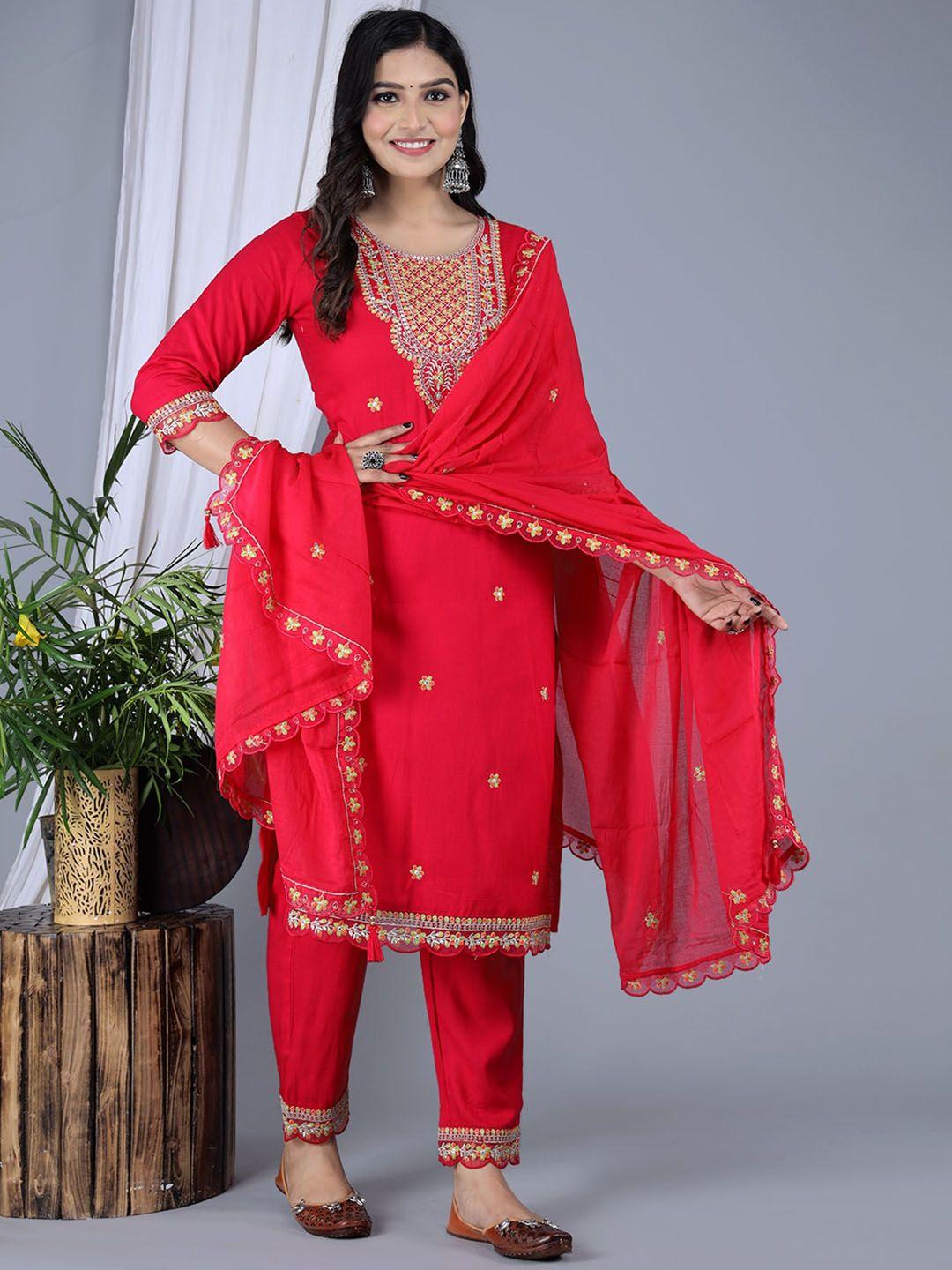 ikdaiya floral embroidered regular straight kurta & trousers with dupatta