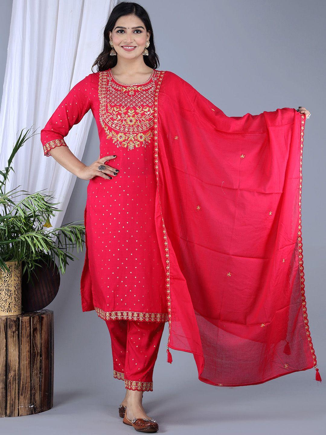 ikdaiya ethnic motifs woven design thread work straight kurta & trousers with dupatta