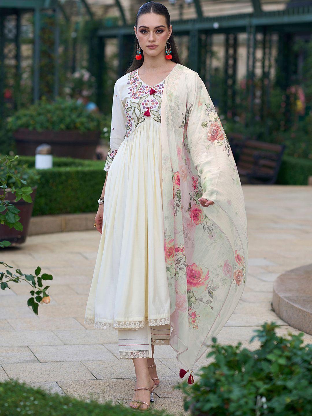 indo era floral embroidered yoke design empire kurta with trousers & dupatta