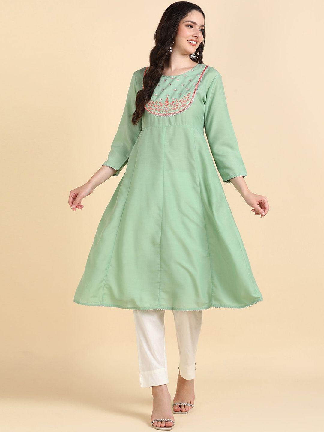 here&now women green ethnic motifs embroidered keyhole neck thread work anarkali kurta