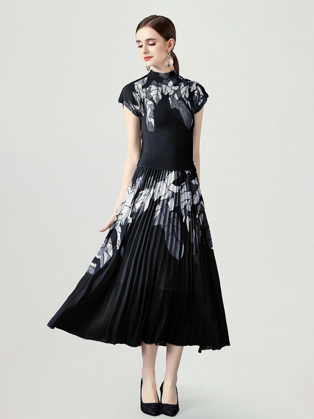 jc collection floral printed top & accordion pleated midi skirt