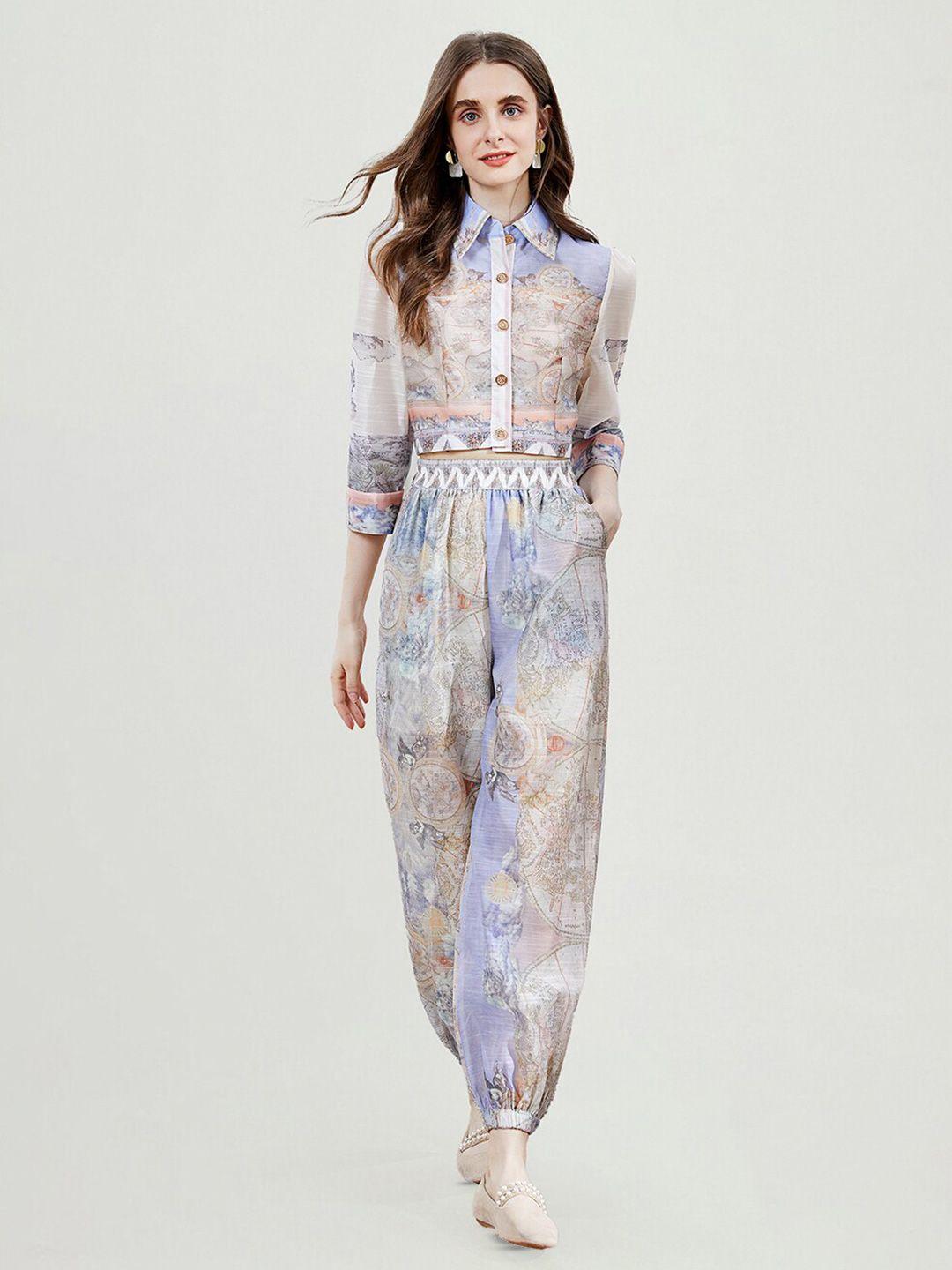 jc collection printed shirt style crop top & trousers