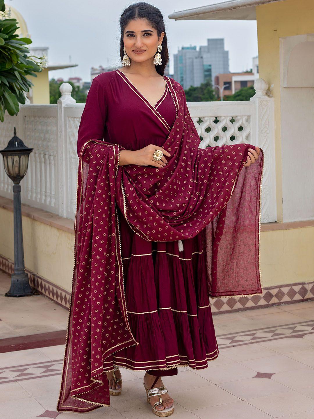 kasya women burgundy angrakha gotta patti kurta with trousers & with dupatta