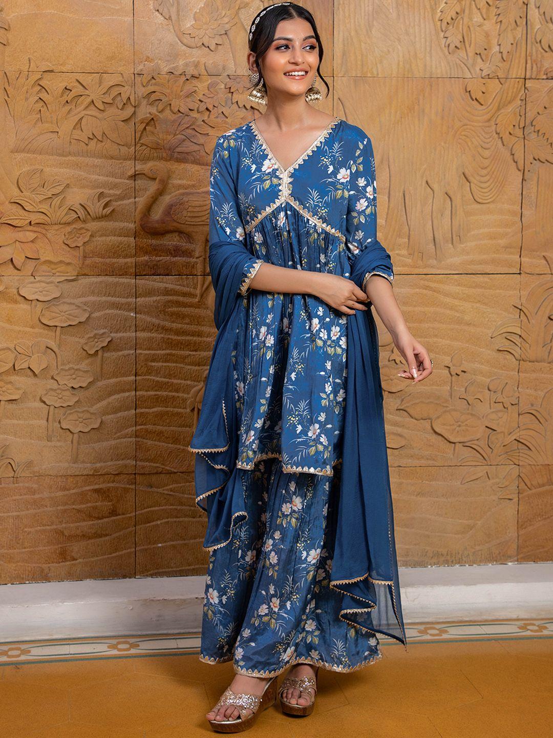 kasya women blue floral printed empire gotta patti kurta with sharara & with dupatta