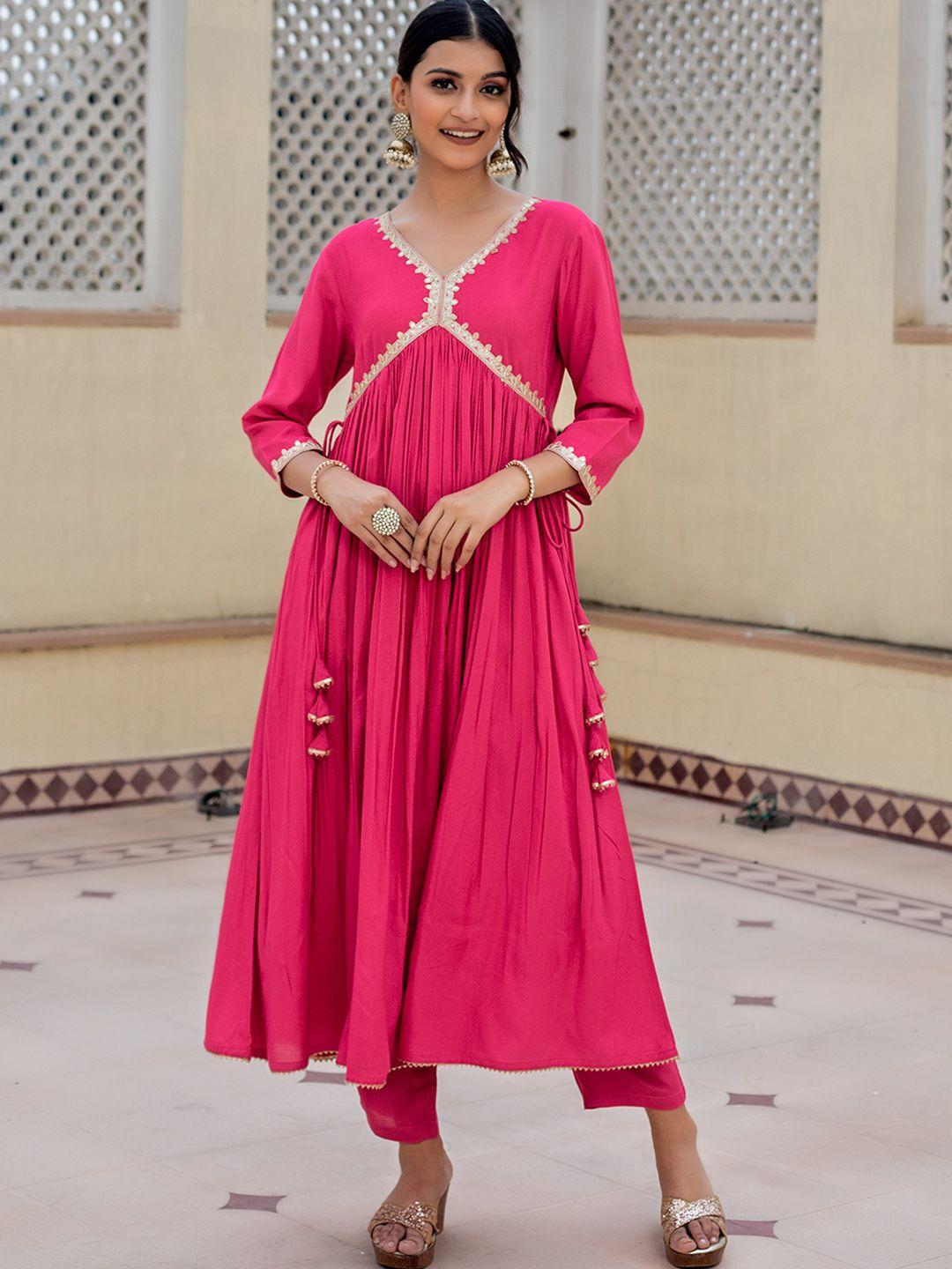 kasya women pink regular gotta patti kurta with trousers