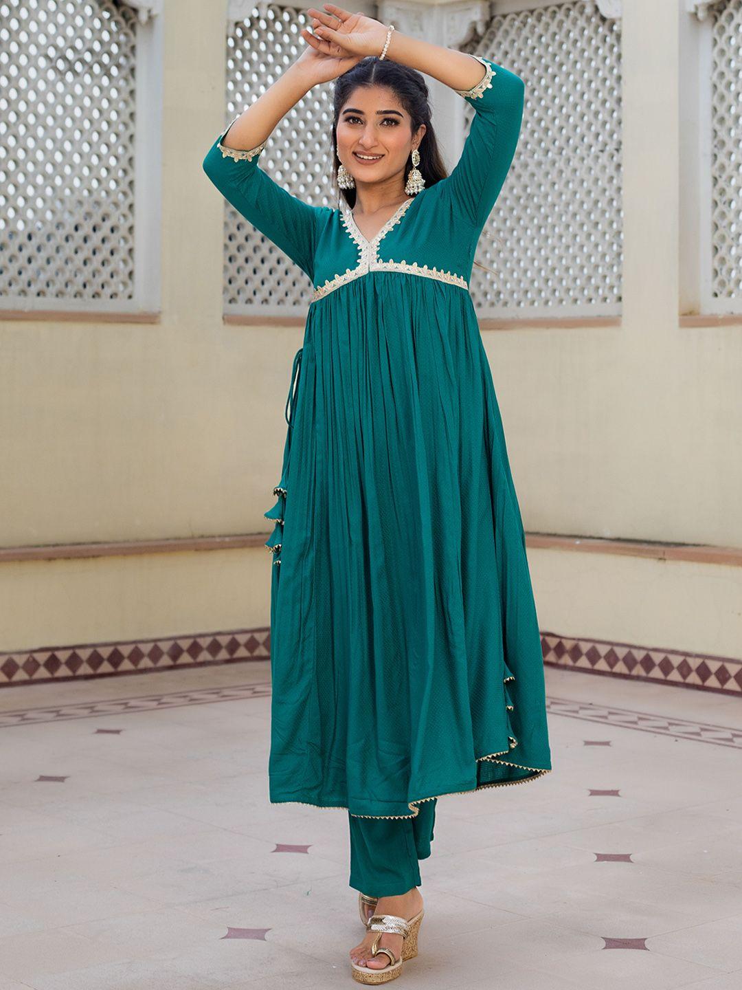 kasya women green empire gotta patti kurta with trousers