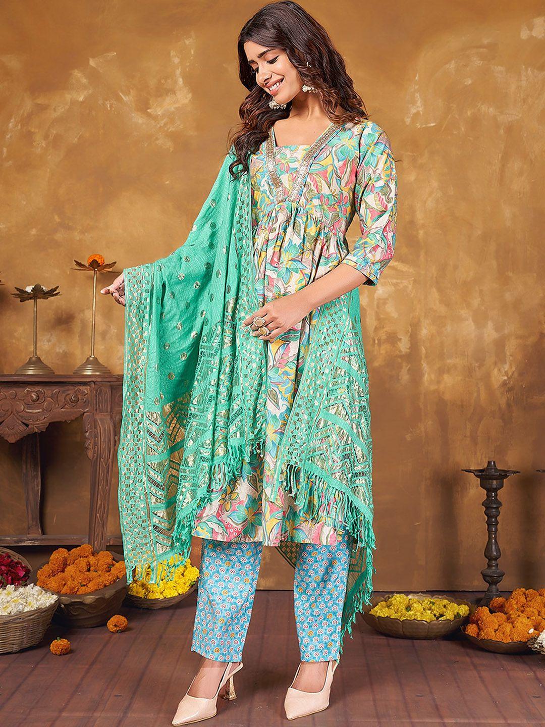 anubhutee ethnic motifs printed a-line gotta patti kurta with trousers & dupatta