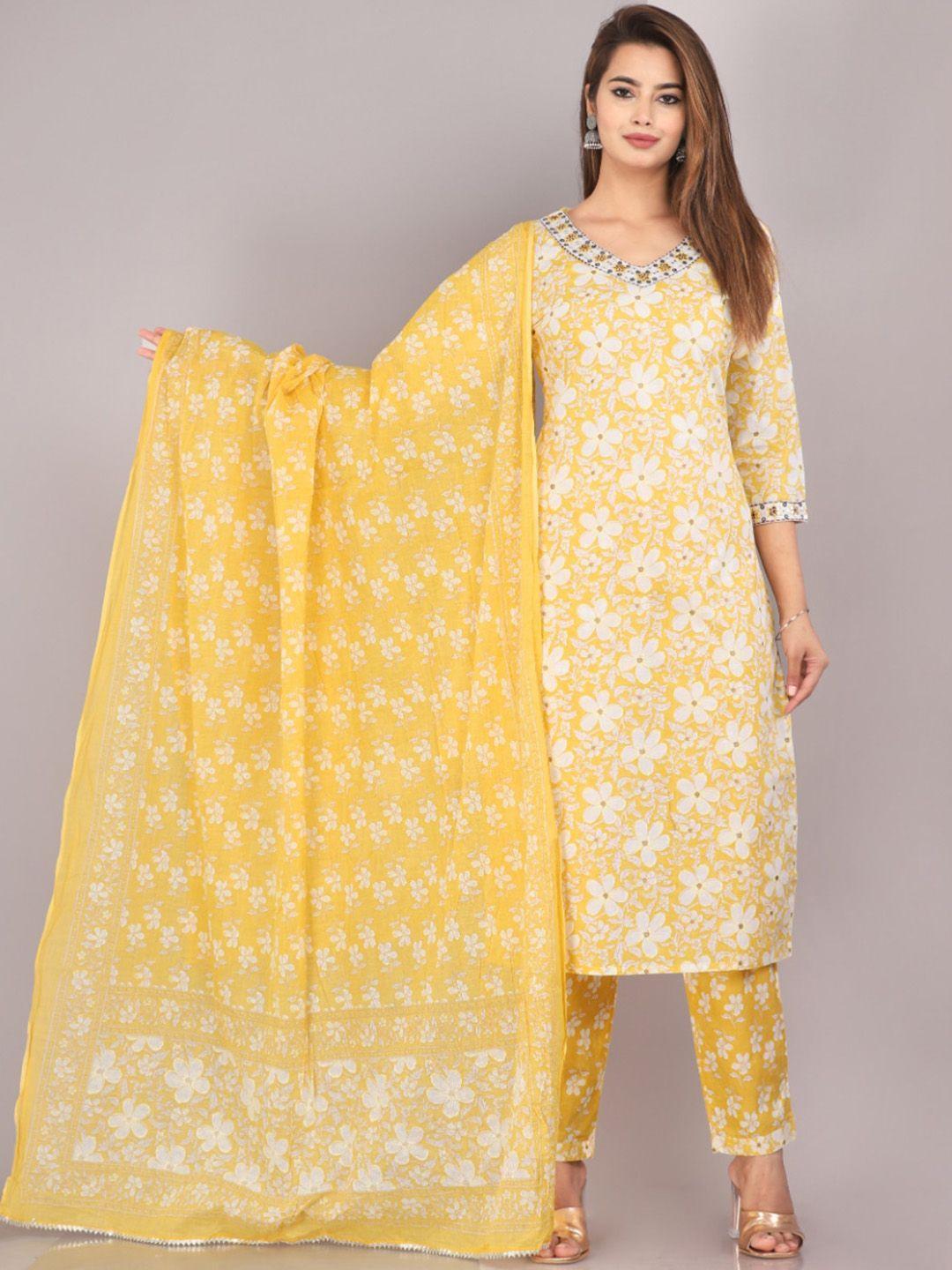 kalini women yellow floral printed regular mirror work pure cotton kurta with trousers & with dupatta