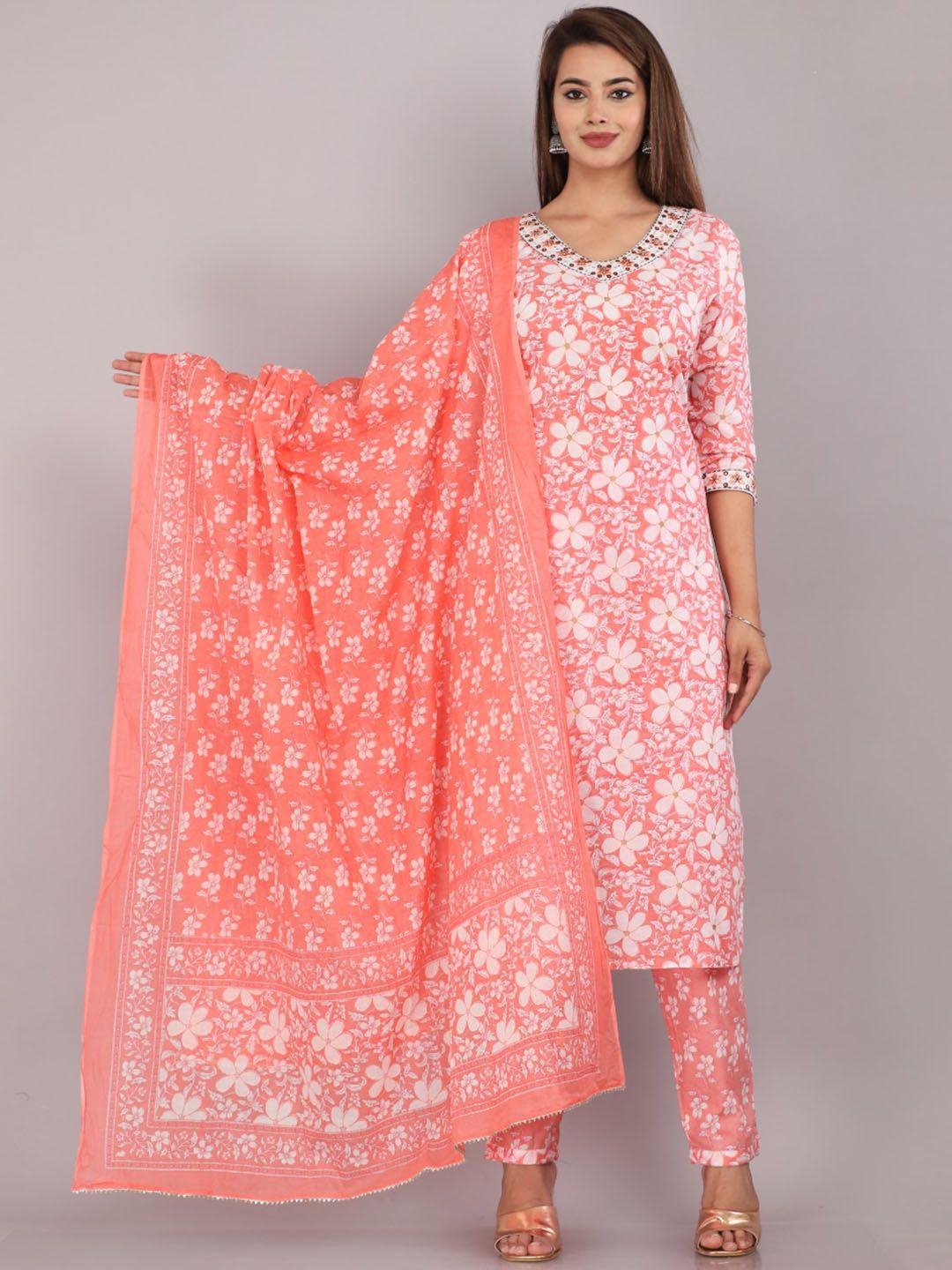 kalini floral printed regular pure cotton kurta with trousers & dupatta