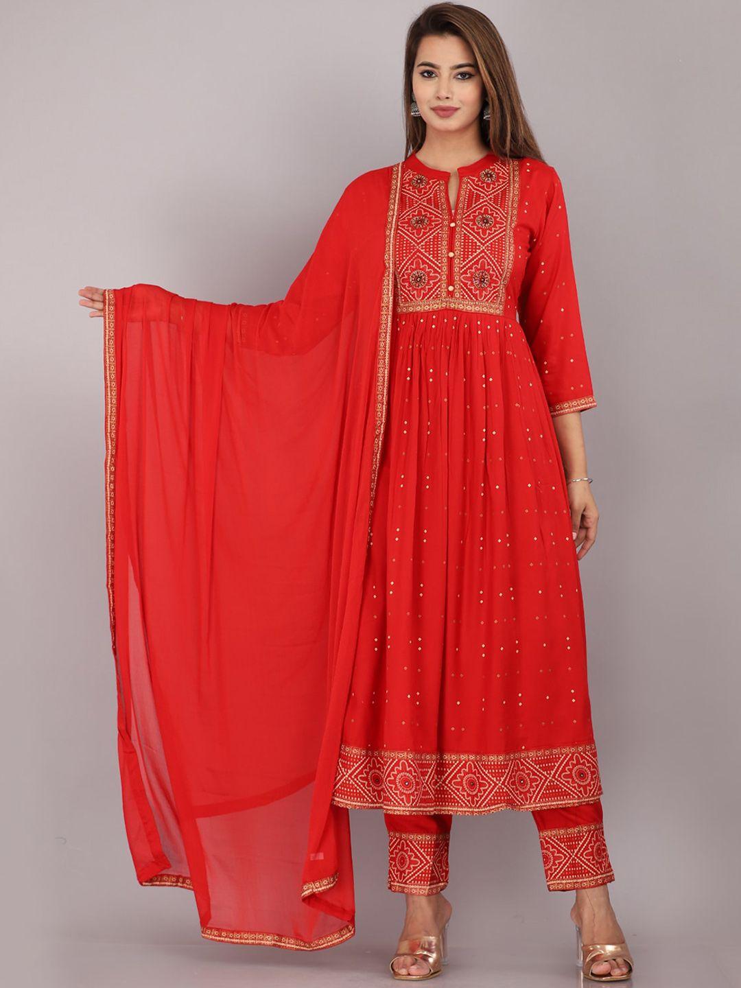 kalini bandhani yoke design anarkali kurta with trousers & dupatta