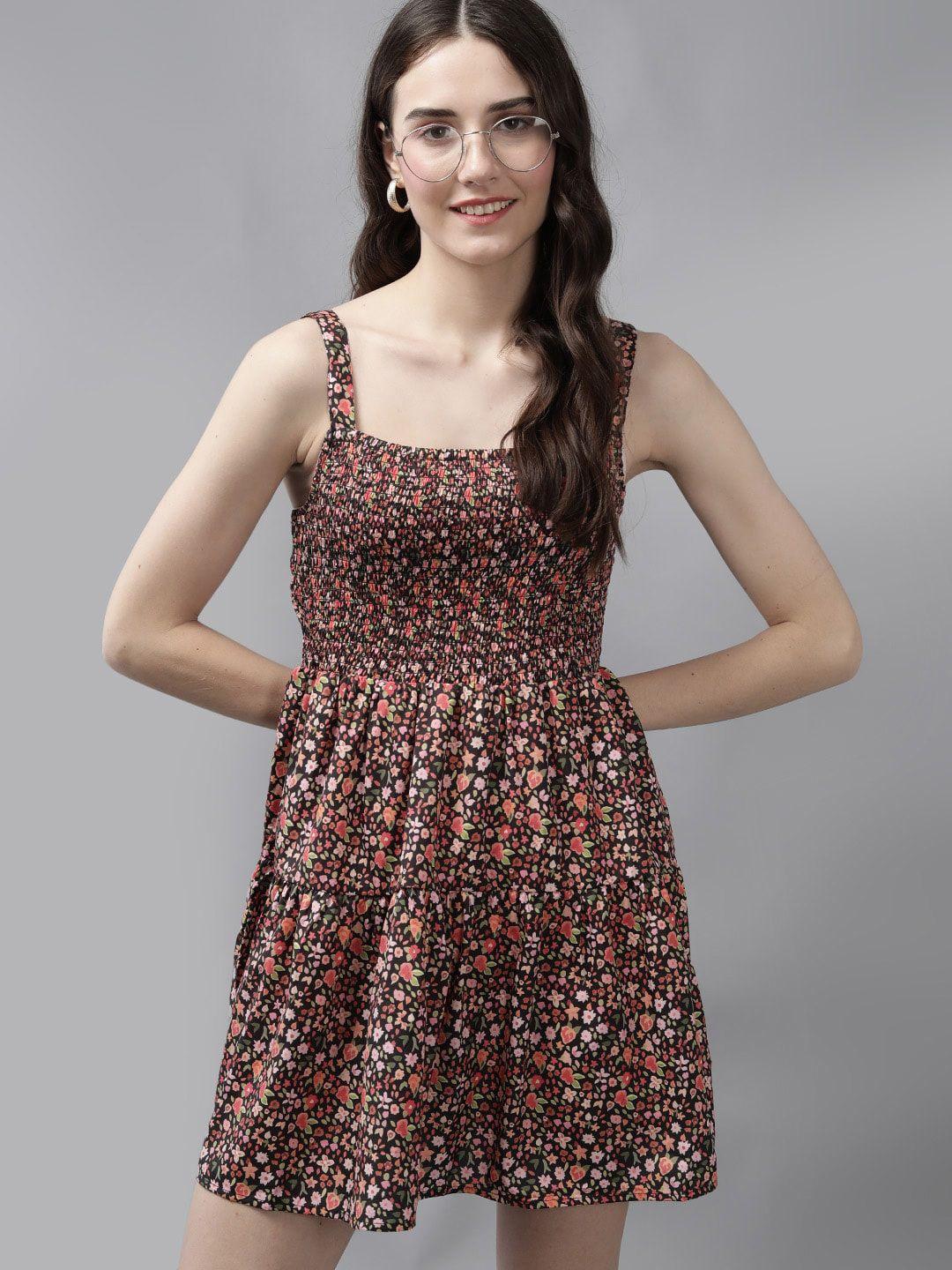 mast & harbour floral printed shoulder straps smocked detail fit & flare dress