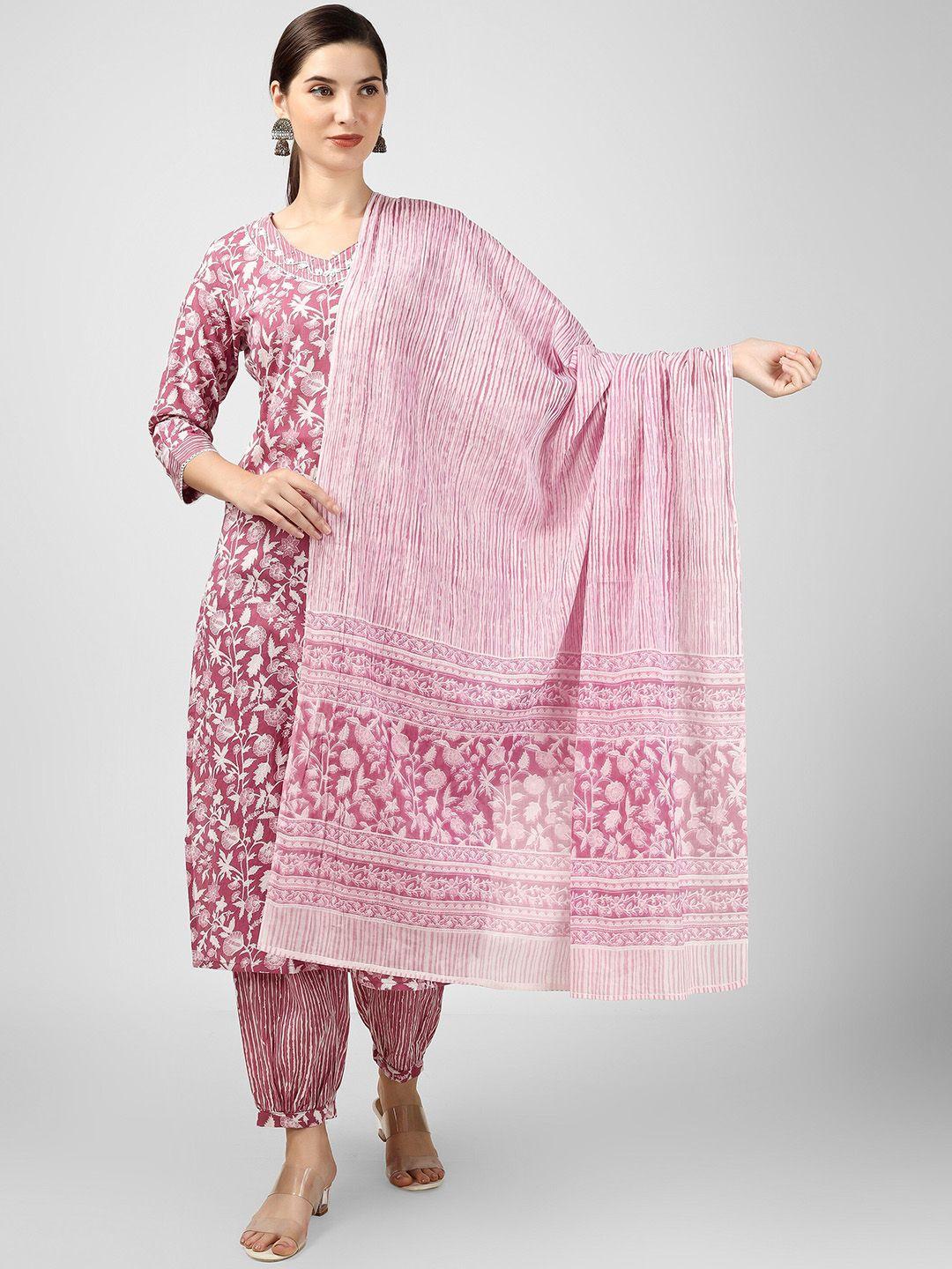 misbis floral printed v-neck pure cotton straight kurta & salwar with dupatta