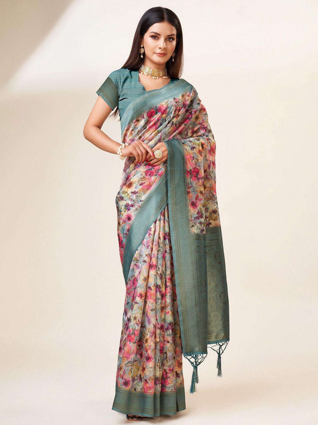 sweet smile fab floral woven design zari organza saree