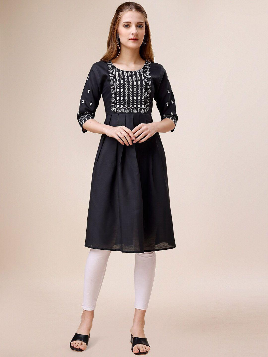 kalini women black geometric flared sleeves thread work kurta