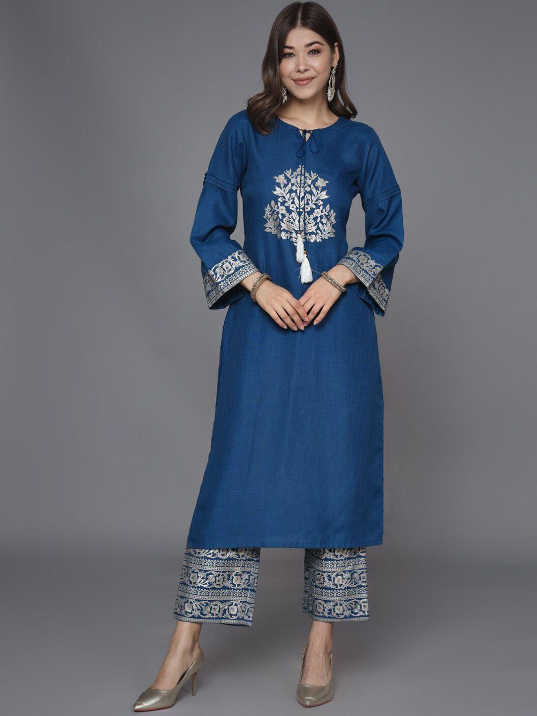 heeposh ethnic motifs printed tie-up neck straight kurta with trouser