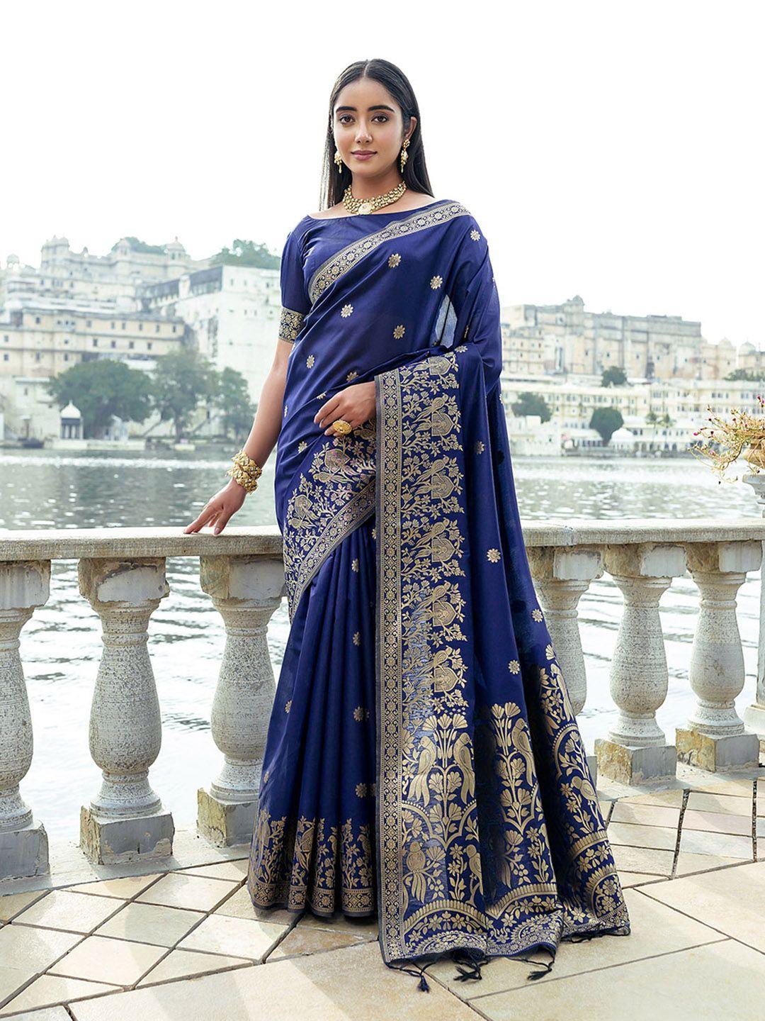 vishnu weaves navy blue & gold-toned woven design zari bhagalpuri saree