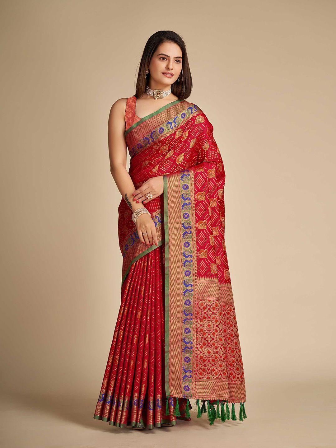 mitera red & green ethnic motifs woven design zari silk blend patola saree